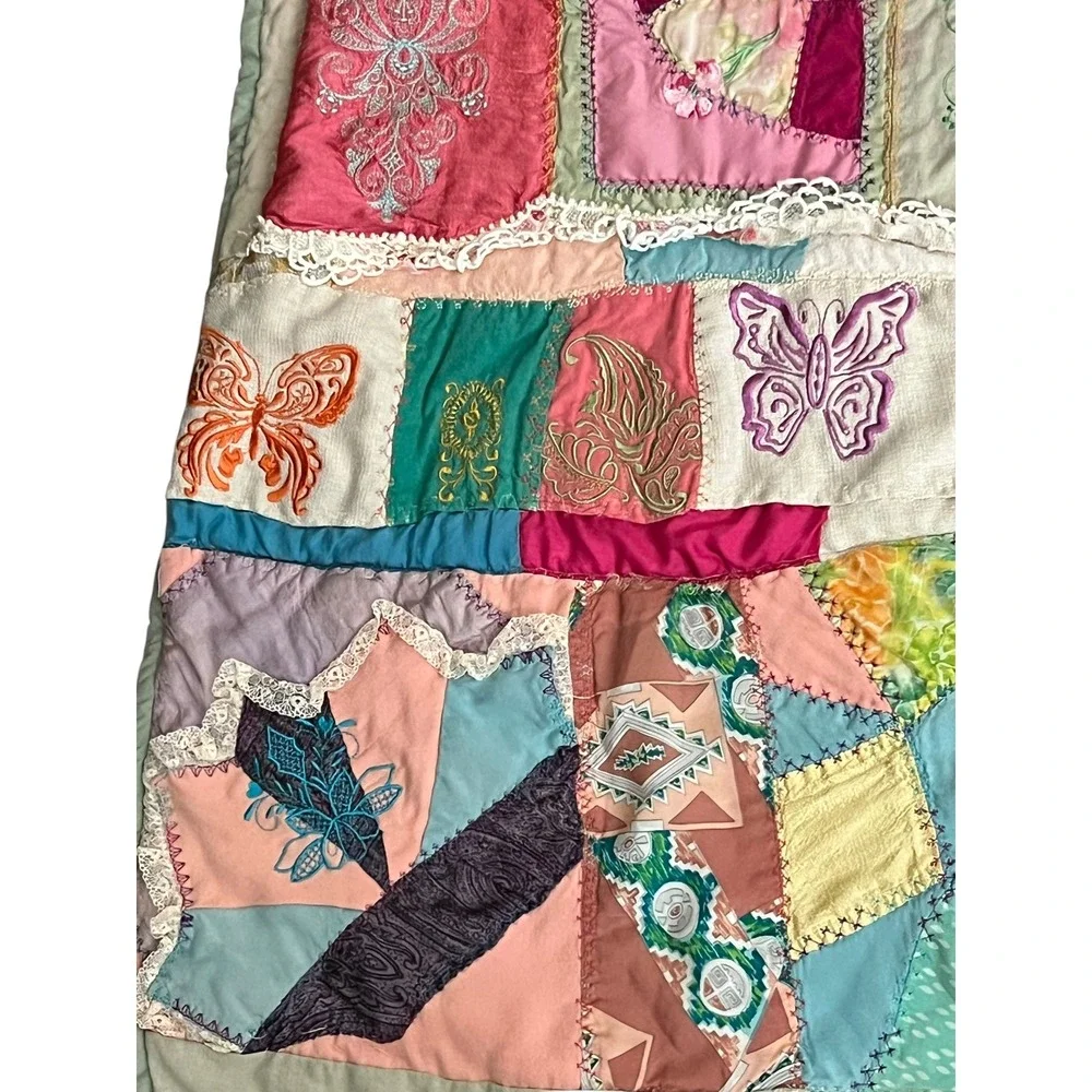 Vintage Handmade Crazy Quilt Embroidered Patchwork Quilt Cottagecore 46x55